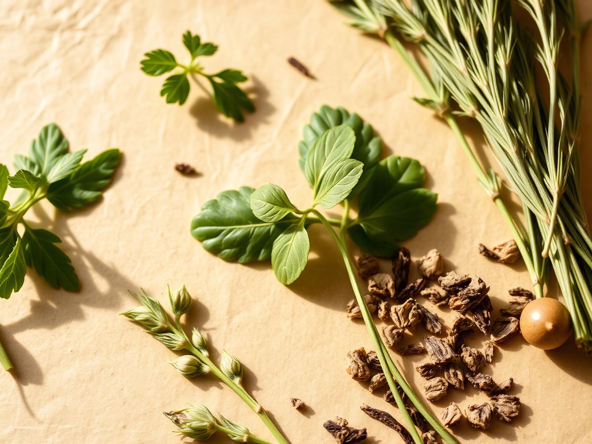 Fresh herbs and dried botanicals on warm paper