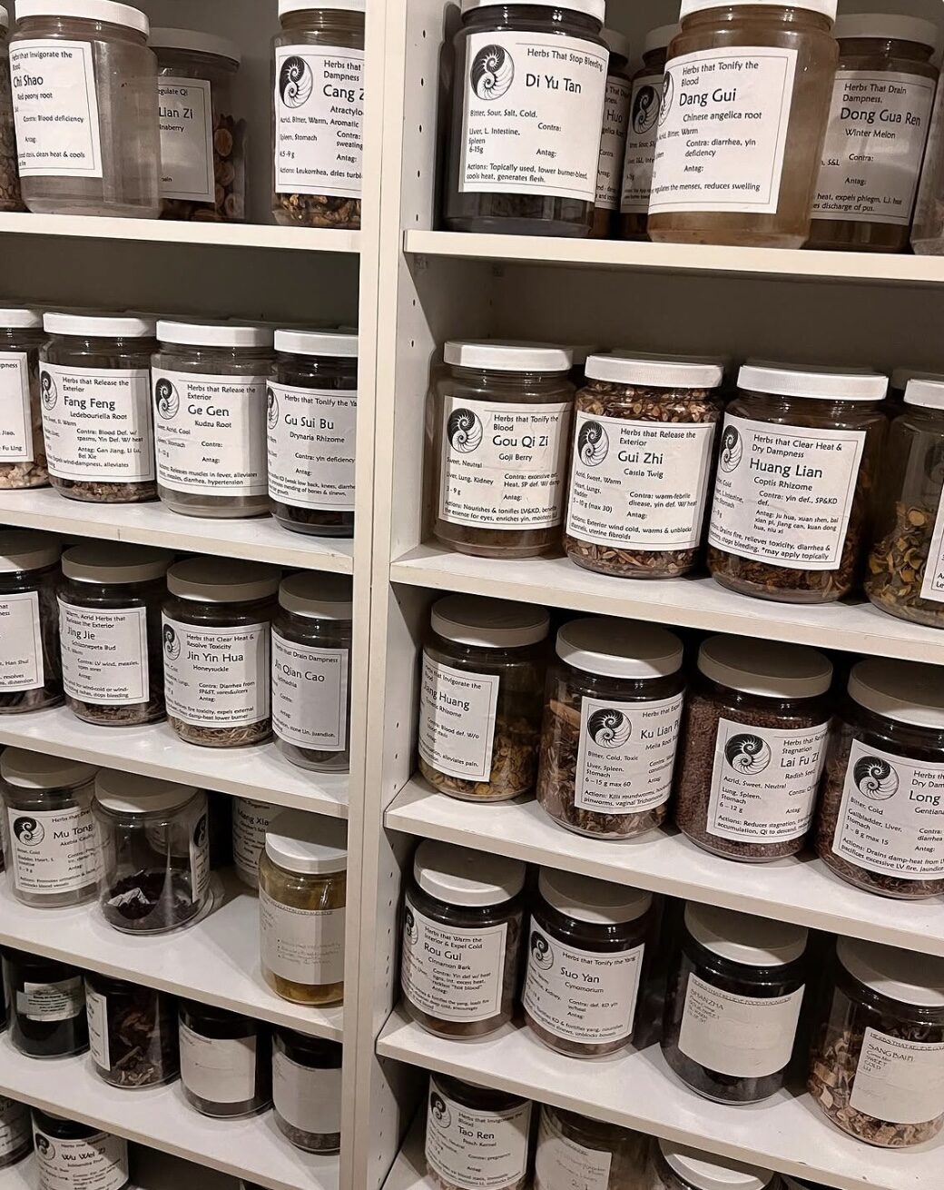 Shelves of labeled Chinese herbal medicine jars in the in-house apothecary